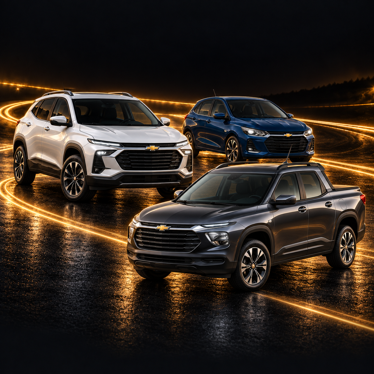Veículos Chevrolet em cenário ilustrativo com iluminação dourada